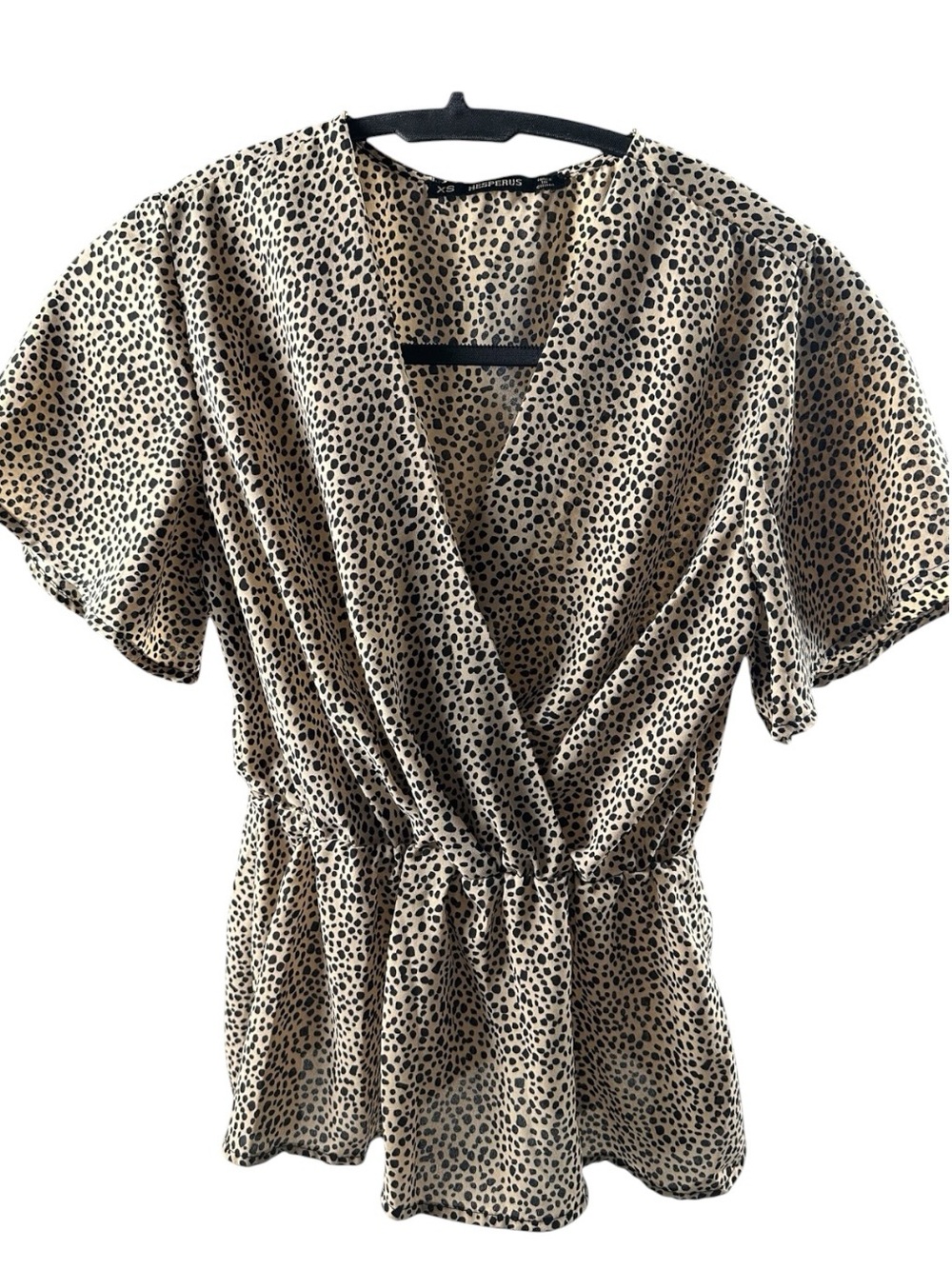 Hesperus Cheetah Leopard Print Faux Wrap Peplum Blouse Top XS - Picture 2 of 13
